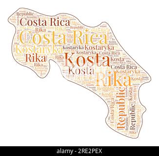 Forma Costa Rica riempita con il nome del paese in molte lingue. Mappa Costa Rica in stile nuvola di parole. Accattivante illustrazione vettoriale. Illustrazione Vettoriale