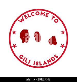 Benvenuto al francobollo delle isole Gili. Francobollo rotondo grunge Island con texture in tema Super Rose Red. Foca geometrica Gili Islands in stile vintage. V. Ordinata Illustrazione Vettoriale