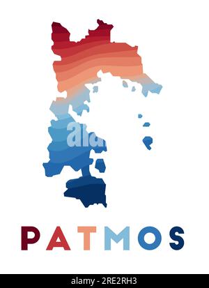Mappa di Patmos. Mappa dell'isola con splendide onde geometriche nei colori rosso e blu. Vivace forma Patmos. Illustrazione vettoriale. Illustrazione Vettoriale