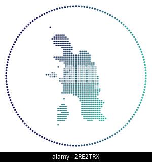 Badge digitale dell'isola di Pangkor. Mappa in stile punteggiato dell'isola di Pangkor in cerchio. Icona tecnica con punti sfumati. Illustrazione vettoriale di raffreddamento. Illustrazione Vettoriale