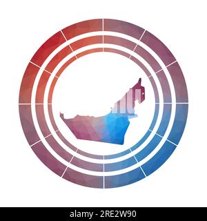 Distintivo degli Emirati Arabi Uniti. Logo country con sfumatura brillante in stile polietilene basso. Segno arrotondato multicolore degli Emirati Arabi Uniti con mappa in stile geometrico per la tua infografica. Illustrazione Vettoriale