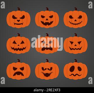 Set di zucche di Halloween con facce diverse. Design celebrativo. Illustrazione vettoriale stile piatto Illustrazione Vettoriale