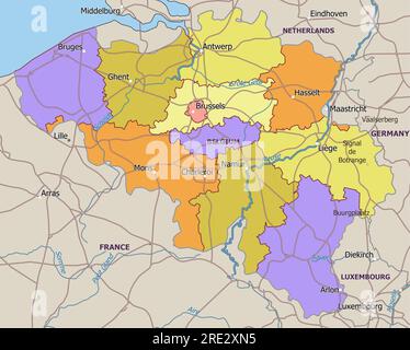 Mappa politica del Belgio con etichettatura. Illustrazione Vettoriale