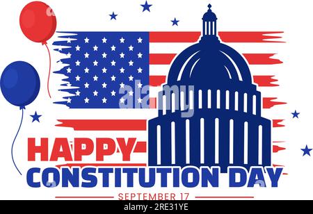 Happy Constitution Day United States Vector Illustration il 17 settembre con lo sfondo della bandiera americana e i modelli del Campidoglio Illustrazione Vettoriale