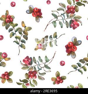 Motivo acquerello senza cuciture con Cowberry. Sfondo ad acquerello disegnato a mano con bacche rosse di bosco e foglie verdi. Frutti di mirtillo per textil Foto Stock