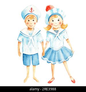 Grazioso piccolo marinaio ragazzo e ragazza in un costume da mare. Acquerello illustrazione nautica per bambini. Dipinto a mano su sfondo bianco. Per le carte bambini Foto Stock