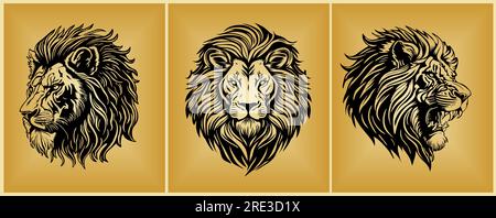 Serie di disegni vettoriali in bianco e nero con testa Lion. Illustrazione Vettoriale