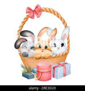 Composizione natalizia. Coniglietti e conigli colorati sono seduti in un cestino. Davanti alle lepri ci sono i regali di Capodanno. Acquerello festivo Foto Stock