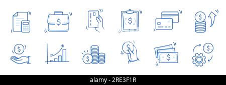 Denaro contante, set di icone per il business a moneta. Moneta da un dollaro, soldi profitto linea di doodle tracciare l'inflazione aziendale, pagamento in contanti. Profitto finanziario, icona della crescita. Tratto modificabile contorno. Illustrazione vettoriale Illustrazione Vettoriale