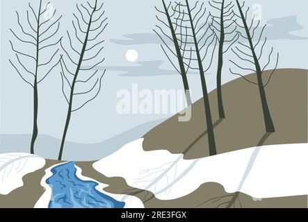 Freddo inverno o inizio primavera vista del fiume che scorre di sera o di notte con luna piena. Paesaggio con neve e acqua che si scioglie, alberi e colline o bocce Illustrazione Vettoriale