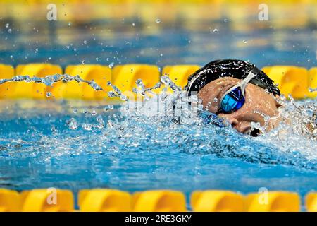 Fukuoka, Giappone. 25 luglio 2023. Summer McIntosh of Canada gareggia nelle 200m Heats di freestyle femminile durante il 20° Campionato Mondiale di Aquatics presso la Marine Messe Hall A di Fukuoka (Giappone), 25 luglio 2023. Crediti: Insidefoto di andrea staccioli/Alamy Live News Foto Stock