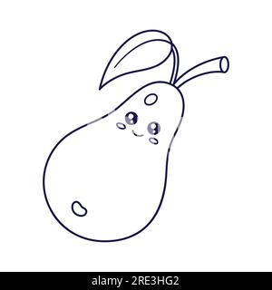 Simpatico personaggio di Kawaii Pear. Disegni vettoriali disegnati a mano illustrazioni per bambini. Carattere di pera in stile doodle. Libro da colorare per bambini Illustrazione Vettoriale