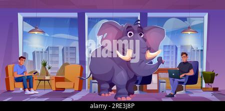 Due uomini tristi seduti in ufficio, elefant in mezzo alla stanza il giorno delle piogge. Illustrazione di cartoni animati vettoriali di amici maschi sconvolti in conflitto utilizzando gadget, concetto di ignorare il problema, crisi di relazione Illustrazione Vettoriale