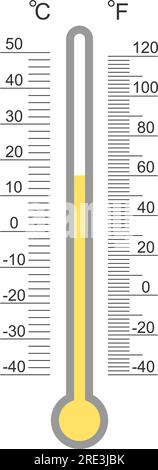 Meteorologico con scala di gradi termometro Celsius e Fahrenheit con indice di temperatura primaverile o autunnale. Strumento di misurazione della temperatura esterna isolato su sfondo bianco. Illustrazione vettoriale Illustrazione Vettoriale