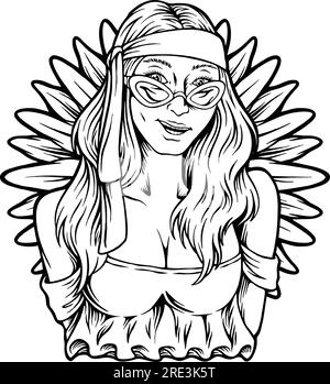 Eclettismo espressivo boho ispirato hippie girl illustrazioni vettoriali monocromatiche per il logo del tuo lavoro, t-shirt di merchandisse, adesivi e disegni di etichette, Illustrazione Vettoriale