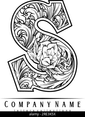 Eleganza botanica monogramma inciso S con decorazioni floreali silhouette illustrazioni vettoriali per il logo del tuo lavoro, t-shirt di merchandisse, adesivi. Illustrazione Vettoriale