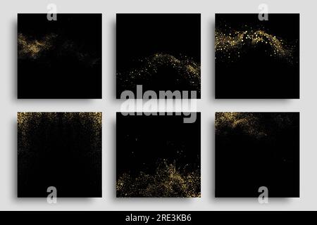 Texture glitterata oro su sfondo nero. Particelle di colore dorato astratte, flusso di glitter coriandoli. Sfondo festivo Illustrazione Vettoriale