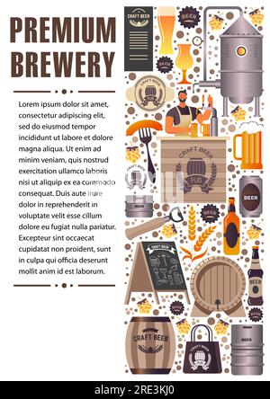 Produzione di birra artigianale in birreria di alta qualità. Attrezzature e ingredienti durante la preparazione e la fermentazione di bevande alcoliche e bevande. Poster promozionale o. Illustrazione Vettoriale