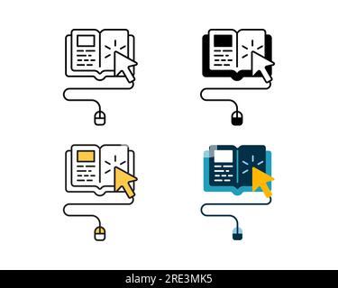 Icona di apprendimento online con mouse e design vettoriale del libro in 4 linee di stile, glifo, duotono e piatto Illustrazione Vettoriale