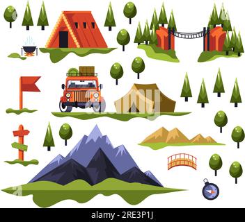 Viaggi e vacanze estive all'aperto, montagne e pinete. Colline e natura con cartelli per escursioni. Campeggio e sito turistico, terra panoramica selvaggia Illustrazione Vettoriale