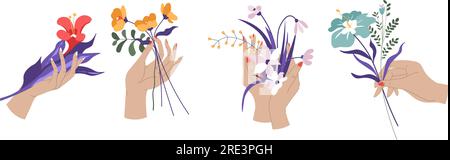 Mani femminili che tengono fiori primaverili o estivi in fiore, regali e regalo per il personaggio femminile. Botanica e fioritura di flora, ornamenti decorativi e h Illustrazione Vettoriale