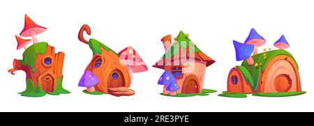 Set di cartoni animati di graziose case da favola isolate su sfondo bianco. Illustrazione vettoriale di capanne fantasiose con porta in legno, portico e finestra rotonda, funghi, muschio sul tetto. Casa nana della foresta Illustrazione Vettoriale