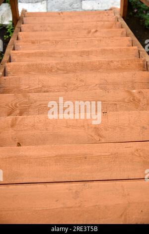 Vista dalla rampa di scale di legno in estate. Concetto di viaggio all'aperto. Concetto di viaggio aereo. Foto Stock