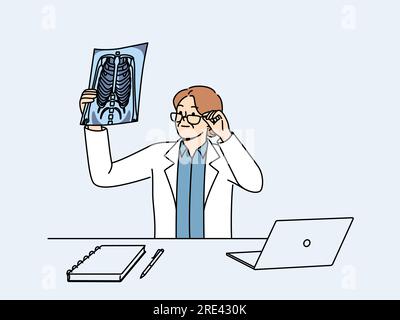 Medico donna che tiene l'immagine a raggi X di malato che conduce visita medica di paziente con problemi polmonari. Il medico esamina la pellicola a raggi X cercando di diagnosticare la persona che ha chiesto aiuto dal personale ospedaliero Illustrazione Vettoriale