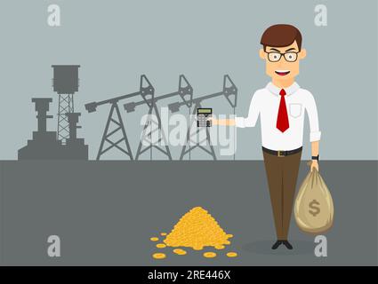Uomo d'affari di successo che si trova vicino a un mucchio di monete d'oro e tiene in mano un sacco di soldi e una calcolatrice con pompe petrolifere sullo sfondo, per il design dei temi dell'industria petrolifera e del gas Illustrazione Vettoriale