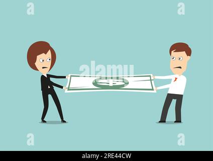 Uomo d'affari e donna d'affari si battono per i soldi, tirando la banconota del dollaro su lati opposti, per il design della concorrenza commerciale. Stile piatto Cartoon Illustrazione Vettoriale