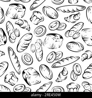 Modello di pane e panini senza cuciture con panini lunghi e pane tostato nero, cupcake, croissant e bagel su sfondo bianco. Può essere utilizzato come interno di panetterie e pasticcerie o come design flyleaf di ricettario Illustrazione Vettoriale