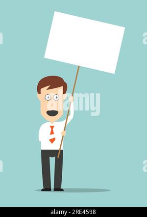 Uomo d'affari entusiasta che tiene in mano un cartello con spazio per il picchetto o il concept design di protesta. Stile piatto Cartoon Illustrazione Vettoriale