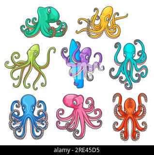 Polpo con tentacoli curvi, mostri dei cartoni animati oceanici o marini. Graziosi animali marini con braccia colorate e ventose che tengono in mano la tavola da surf e la fauna sottomarina Illustrazione Vettoriale