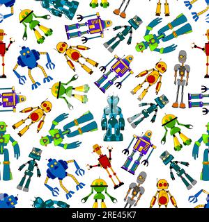 Robot simpatici motivo senza cuciture con sfondo colorato di personaggi umanoidi elettromeccanici e robot trasformatori. Uso di interni o design tessile per ambienti infantili Illustrazione Vettoriale