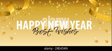 Felice anno nuovo, auguri di buon umore con nastri dorati Illustrazione Vettoriale