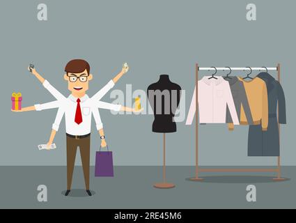 Uomo d'affari con molte mani che fa shopping in un negozio di abbigliamento e detiene carte di credito bancarie, banconote, pila di monete, confezione regalo, borsa per la spesa di carta e ricevuta. Stile piatto Cartoon Illustrazione Vettoriale