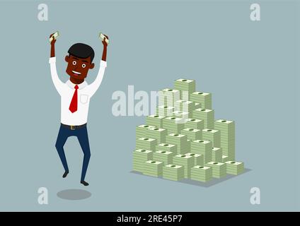Uomo d'affari sorridente e gioioso con soldi in mano felice di saltare vicino a un'enorme pila di pacchetti di dollari, per la ricchezza o il successo del design dei temi. Stile piatto Cartoon Illustrazione Vettoriale