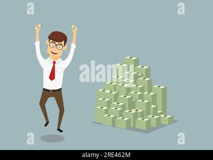 Uomo d'affari sorridente e gioioso con soldi in mano felice di saltare vicino a un'enorme pila di pacchetti di dollari, per la ricchezza o il successo del design dei temi. Stile piatto Cartoon Illustrazione Vettoriale