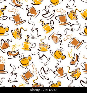 Tazze da caffè gialle e marroni senza cuciture con piattini e ricci decorativi di vapore su sfondo bianco. Da utilizzare come sfondo del menu del bar o come disegno di riempimento della pagina di un album Illustrazione Vettoriale