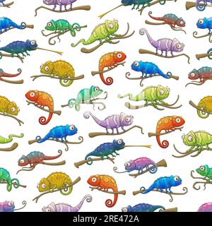 Camaleonti con motivo senza cuciture di animali esotici di lucertola. Sfondo vettoriale con colorati rettili camaleontici seduti su rami con macchie e strisce mimetiche, lunghe code e lingue, sfondo animale Illustrazione Vettoriale