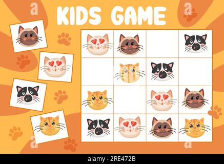Gioco Sudoku per bambini, simpatici gatti o gattini indovinello vettoriale con personaggi dei cartoni animati su una tavola a scacchi. Attività educativa, teaser per bambini con parole incrociate per attività di tempo libero, svago, gioco da tavolo Illustrazione Vettoriale