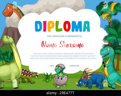 Diploma per bambini con dinosauri dei cartoni animati, graziosi draghi vettoriali, divertenti personaggi di cuccioli. Certificato scolastico con animali selvatici del periodo Giurassico preistorico tyrannosaurus rex, pterodattilo, eruzione vulcanica Illustrazione Vettoriale