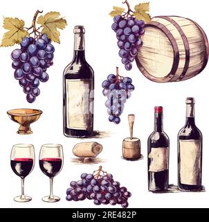 Bicchiere vettoriale di vino, uva strappata, bottiglie di vino Icon eps10. Icona vettoriale del set di vini disegnati a mano in stile retrò eps10 Illustrazione Vettoriale