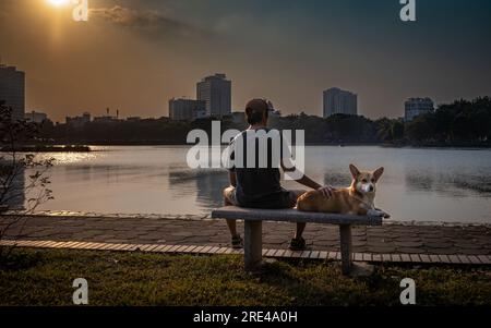 Un uomo vietnamita siede su una panchina con il suo cane da corgi mentre il sole tramonta sul lago nel Parco della riunificazione, Hanoi, Vietnam. Foto Stock