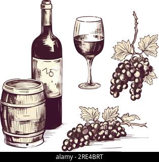 Prodotti vettoriali per la raccolta del vino, pressa, icona uva eps10. Viti Vector Vignes bicchieri bottiglie in stile vintage, icona incisa disegnata a mano Illustrazione Vettoriale