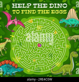 Labirinto labirinto aiuta i dinosauri a trovare l'uovo. Gioco per bambini vettoriali con rettili cartoni animati nella giungla e percorso rotondo aggrovigliato. Simpatici personaggi dei dinosauri i bambini educativi si imbattono in divertenti animali preistorici Illustrazione Vettoriale