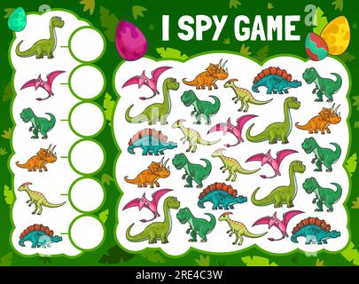 Gioco da spia con i dinosauri dei cartoni animati. Puzzle vettoriale per bambini con simpatici personaggi dinosauri. Sviluppo di abilità di numerazione e attenzione, pagina enigma dei fumetti. Foglio di lavoro matematico, attività didattica per bambini Illustrazione Vettoriale