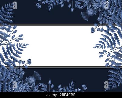 Blu monocromatico. Cornice illustrativa ad acquerello con felce, levi e bacche rosse isolate su sfondo bianco. Striscione con erbe. Clip art dipinta a mano Foto Stock