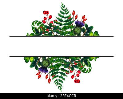 Cornice illustrativa ad acquerello con felce, levi e bacche rosse isolate su sfondo bianco. Striscione con erbe. Carta vintage dipinta a mano per Foto Stock