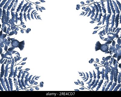Blu monocromatico. Cornice illustrativa ad acquerello con felce, levi e bacche rosse isolate su sfondo bianco. Striscione con erbe. Clip art dipinta a mano Foto Stock